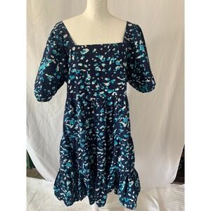 The Golden Globe Clothing Navy Turquoise Abstract Tiered Cotton Puff Dress L